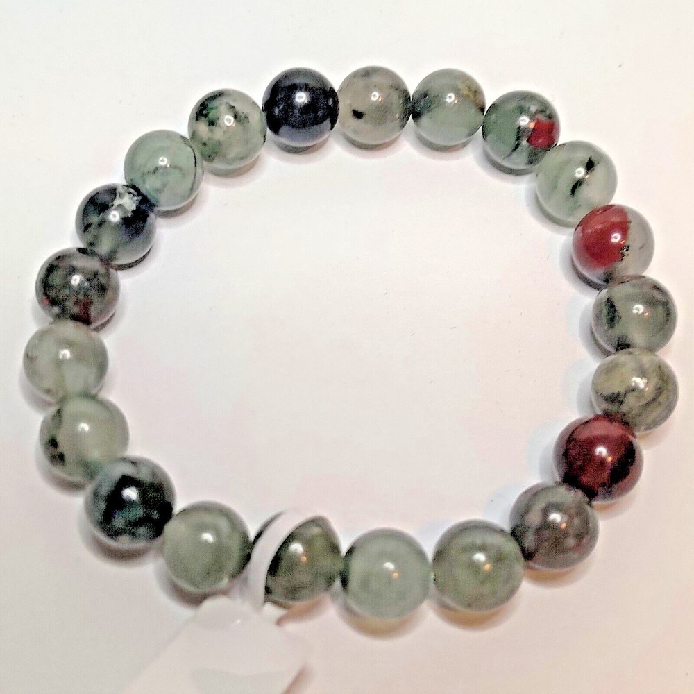 African Bloodstone Stretch Bracelet 8mm round natural stone w/ felt pouch-B818